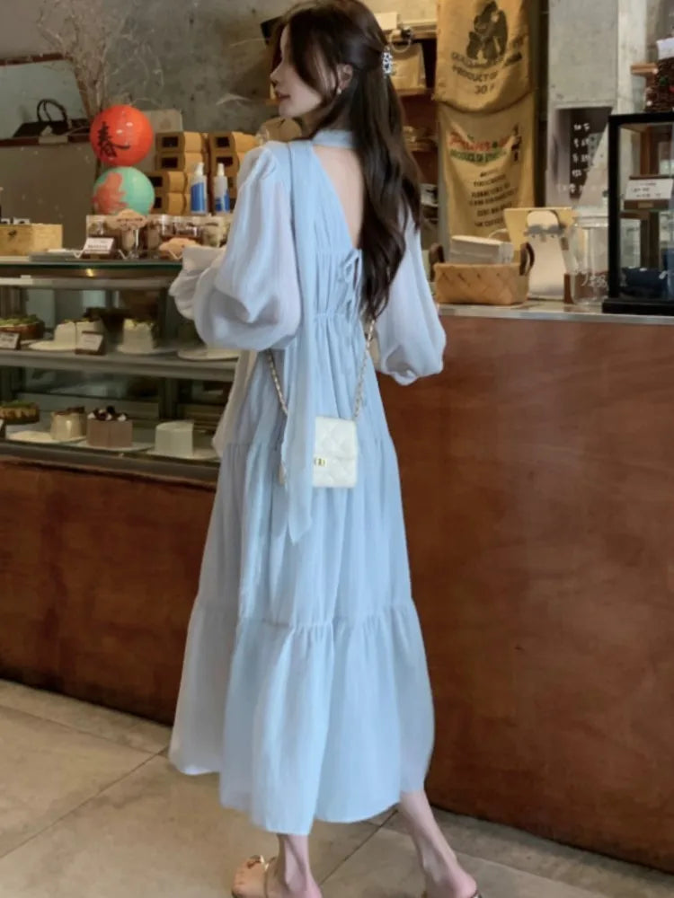 Elegant Autumn Midi Dresses for Women V-neck Flare Sleeves A-line Solid Korean Fashion Casual French Vintage Vestidos Mujer New