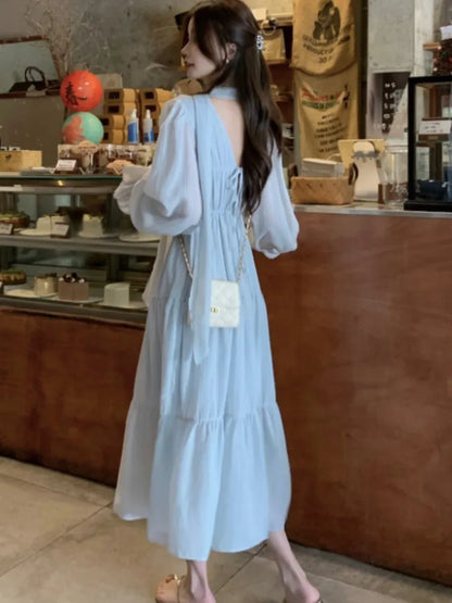 Elegant Autumn Midi Dresses for Women V-neck Flare Sleeves A-line Solid Korean Fashion Casual French Vintage Vestidos Mujer New