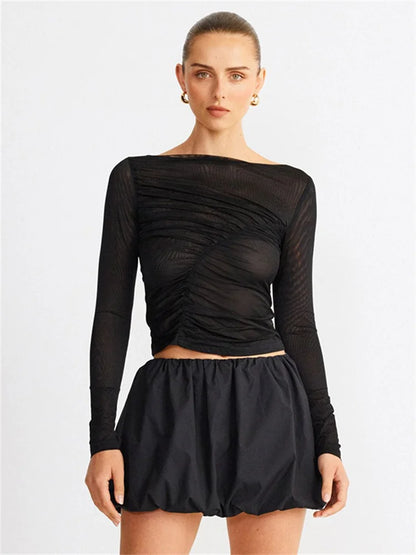 Summer See-Through Mesh T-shirt Top Women Pleated Patchwork See-Through Slim Cropped Top Tee Female Solid T-shirt Pullover