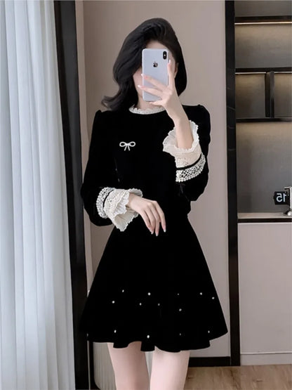 Autumn Elegant Velvet Two-piece Skirt Set Women Long Sleeve Lace Patchwork Crop Top Mini Skirt Korean Fashion Y2K Chic Outfits