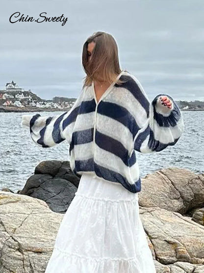 Loose Mohair Striped V-neck Cardigan Women With Scarf Fashion Lantern Sleeve Single Breasted Knitwear Casual Lady New Streetwear