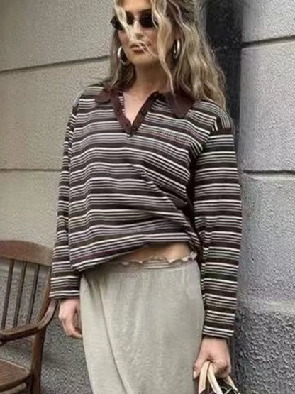 Spring Summer New Women's Retro Striped Polo Collar Oversized Long Sleeve T - Shirt Trendy Casual Loose Basic Top