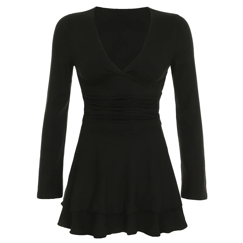 Black Slim V-Neck Low-Cut Long Sleeve Dresses Sexy Basic Women s New Clothes Tierred Ruched Short Vestido