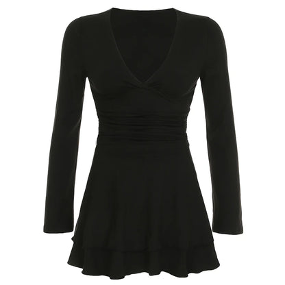 Black Slim V-Neck Low-Cut Long Sleeve Dresses Sexy Basic Women s New Clothes Tierred Ruched Short Vestido
