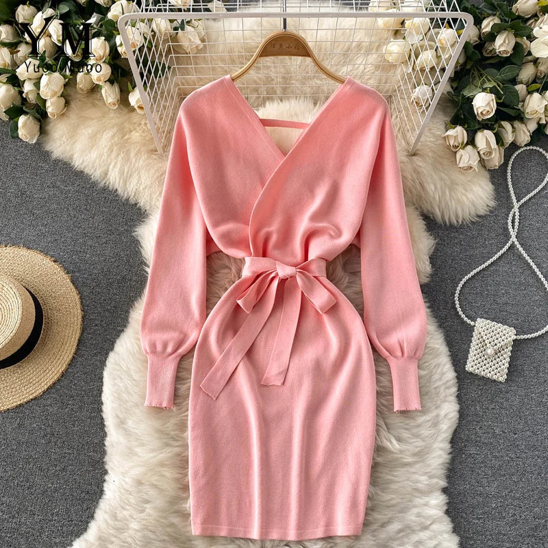 Y2K Casual Vestidos Dress  Winter Bodycon Knitted Sweater Dress Elegant  Office Ladies Dress