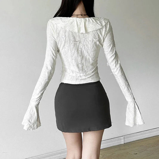 Fairycore Top White Clothes Gothic Ruffled V Neck Flared Long Sleeve Ripped Blouse Shirt y2k Aesthetic Clothing