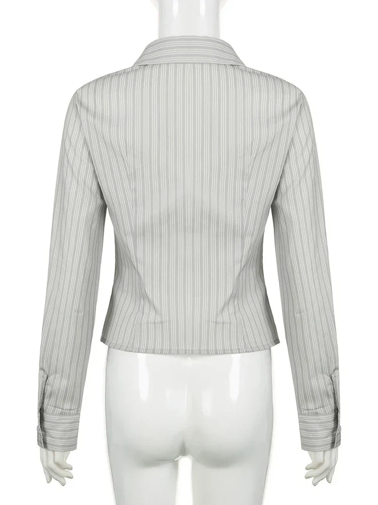 Voguable Striped Blouses Office Ladies Y2K Aesthetic Vintage Buttons Up Lapel Collar Shirts Korean Casual Tops
