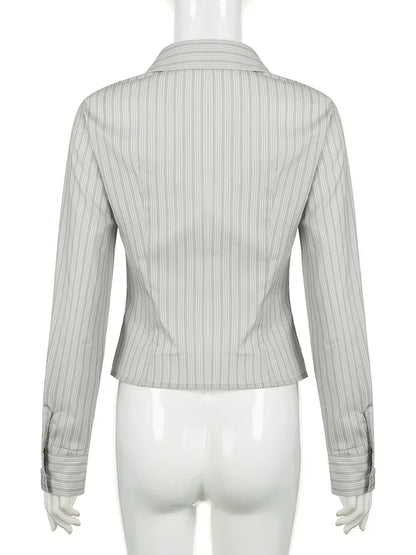 Voguable Striped Blouses Office Ladies Y2K Aesthetic Vintage Buttons Up Lapel Collar Shirts Korean Casual Tops