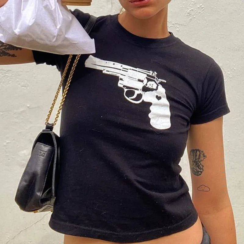 Y2K European and American Street Women’s Pistol Funny Print Short Naked T-shirt Fashion Slim Fit Casual Top