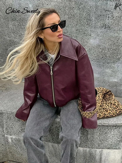 Fashion Lapel Leather Bomber Jacket Women Loose Zipper Long Sleeves Locomotive Coat  Autumn New Lady High Street Outerwear