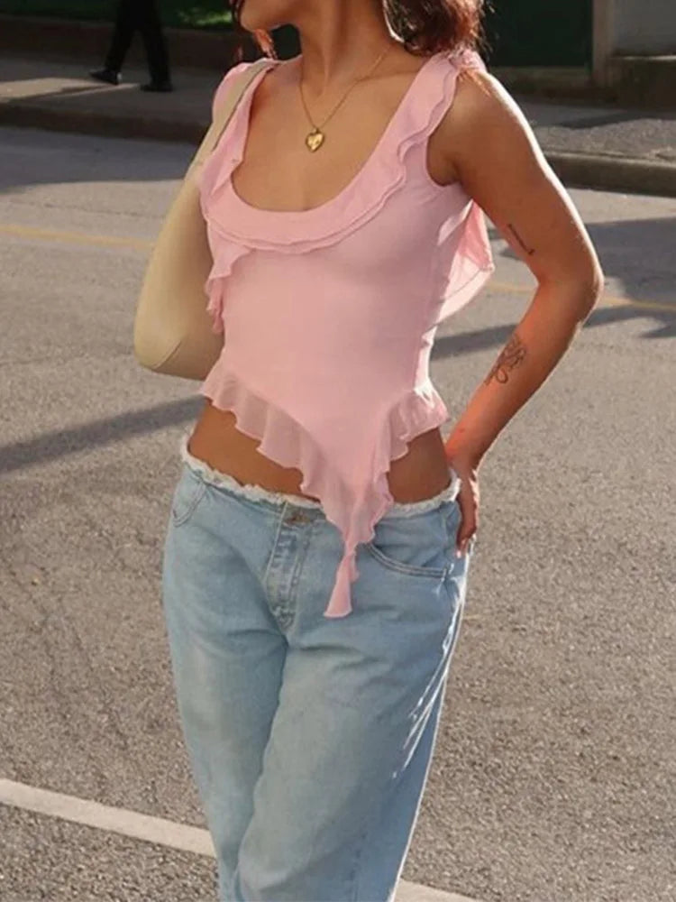 Ruffled Backless O-Neck Crop Top