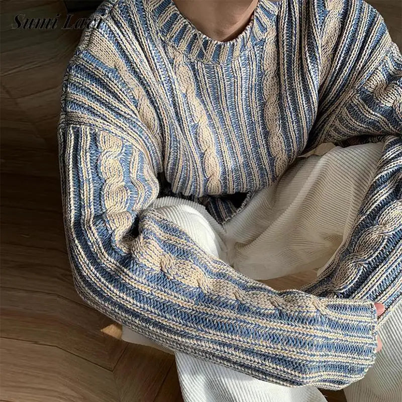 Fashionable Striped Knitting Sweaters Streetwear Y2K Loose O Neck Long Sleeve Knit T-shirts Vintage Sweater Tops