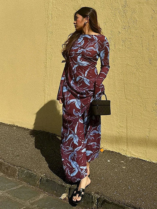Retro Printed O-neck Holiday Dress Women Elegant Full Sleeve Waist-cinching Long Dresses Female 2025 Summer Chic Street Vestidos