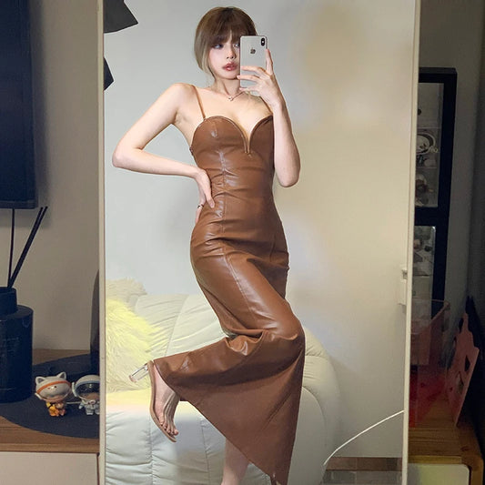Sling Pu Faux Leather Sexy Slit Fit Long Dress Y2k Streetwear Party Club  Vacation Birthday Summer Women Clothing