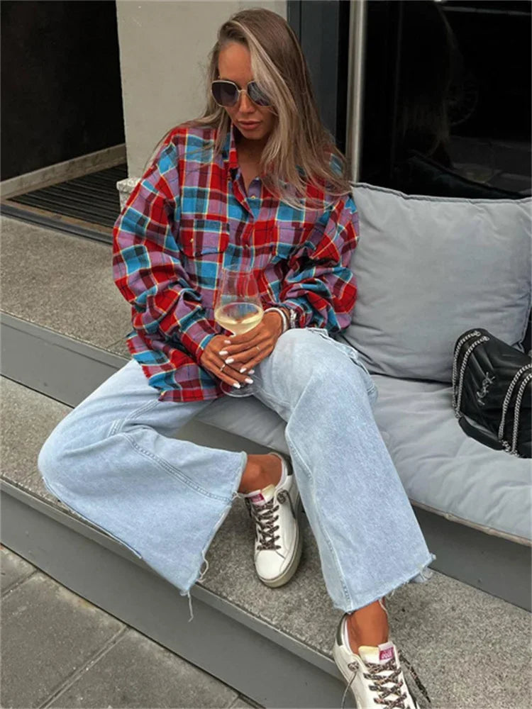 Patchwork Vintage Loose Shirts Female Casual Patchwork Pocket Long Sleeve Contrast Autumn  Outwear Women’s Shirts Tee
