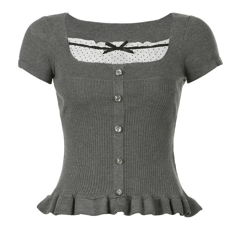 Voguable  Ribbons Bow Contrast Patchwork T-shirt Y2K Aesthetic Button Up Frill Casual Basic Crop Top Kawaii Lolita Tops Cute Tees