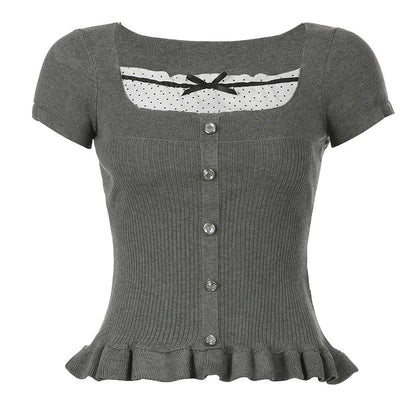 Voguable  Ribbons Bow Contrast Patchwork T-shirt Y2K Aesthetic Button Up Frill Casual Basic Crop Top Kawaii Lolita Tops Cute Tees