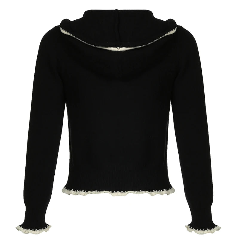 Black Lace Trim Knitted Sweater Cardigan Women Autumn Winter New Coat Sweet Basic All-Match Fashion