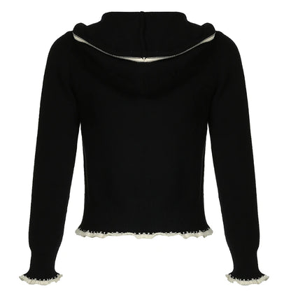 Black Lace Trim Knitted Sweater Cardigan Women Autumn Winter New Coat Sweet Basic All-Match Fashion