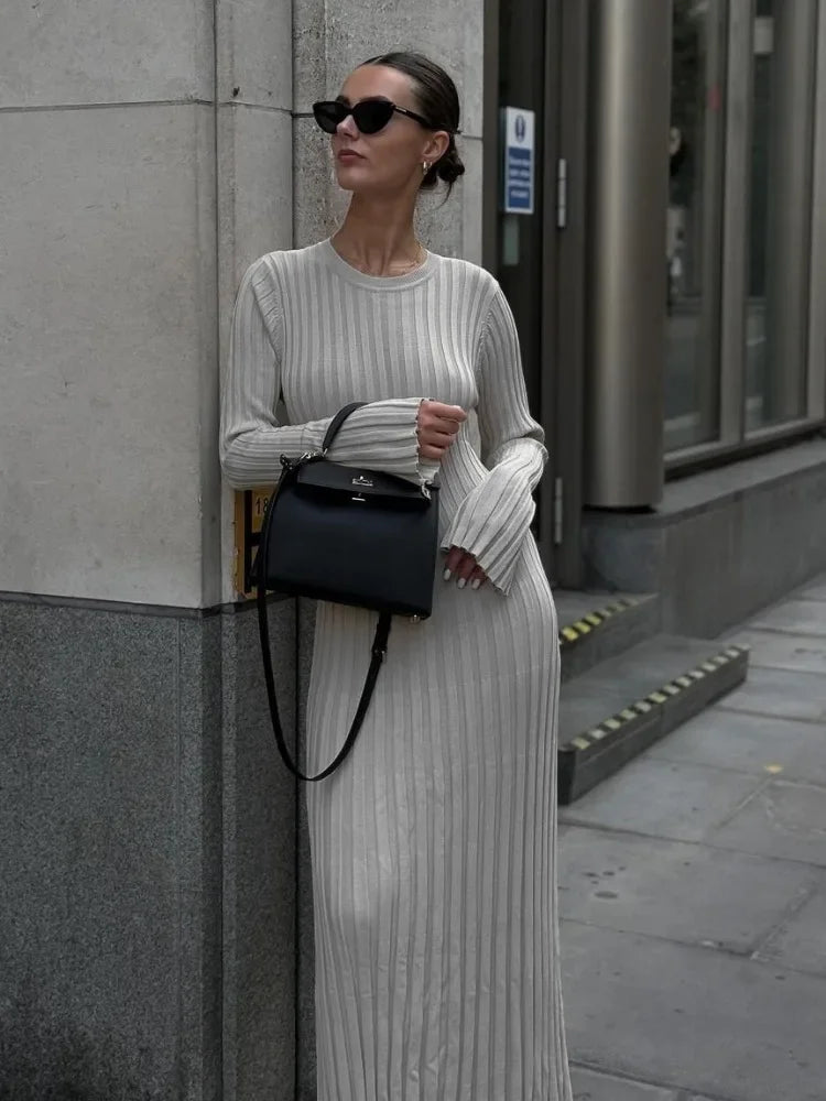 Fall Winter New Knitted Long Dress Female Casual Slinky High Waist Rib Sweater Bodycon Dresses Lady Holiday Party Outfits