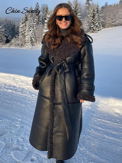 Fashion Lamb Wool PU Leather Long Jacket Women With Belt Patchwork Lapel Pocket Oversize Overcoat  Winter Warm Thick Outwear