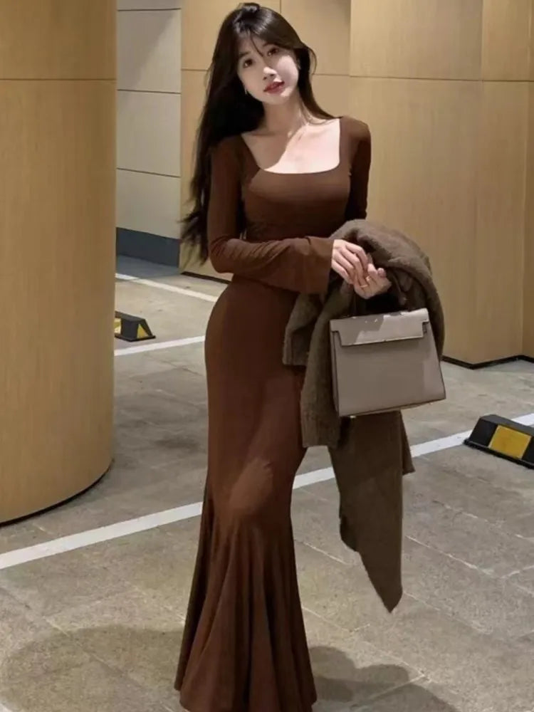 Autumn Fashion Long Dresses for Women Long Sleeves Square Collar Korean Style Slim Fit Mermaid Elegant Basic Solid Vestidos New
