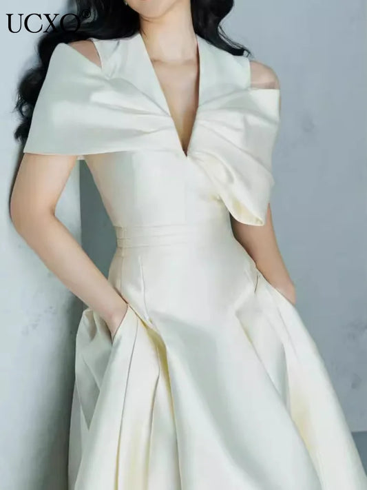 Elegant Long Dress Fairy Style V-neck Hollow Waist 3D Bow Pocket Fashion Party Dresses For Women 2025 Spring Summer 23A9338