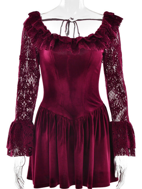 Elegant Long Sleeve Lace Patchwork Tight Dress Women Sexy Trumpet Sleeves Slim Skirt Autumn/Winter New 2025 Vestido