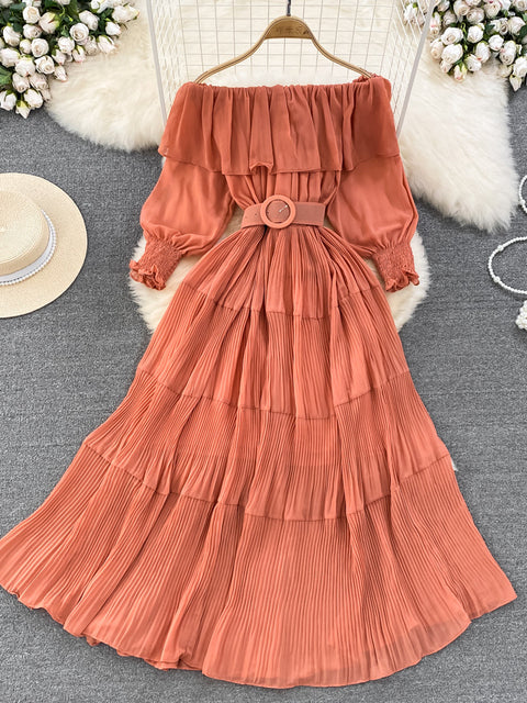 Women Vintage Off Shoulder Dress Chiffon Summer Sweet Lotus Leaf Edge Elegant Pleated Dresses Ladies Evening Party Long Dress