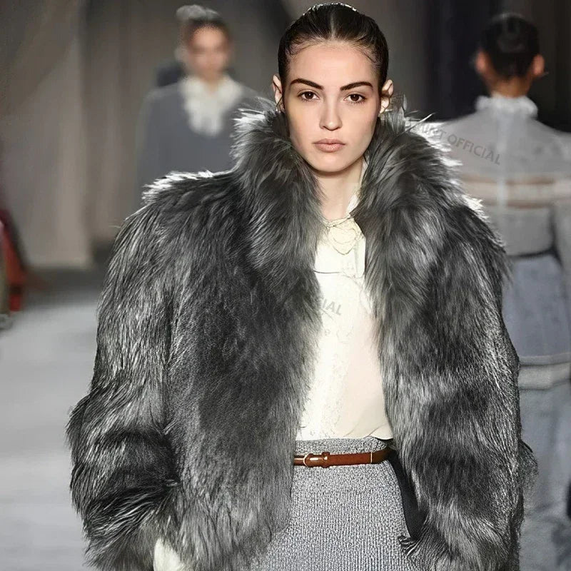 Luxury Brand Runway Fluffy Faux Fur Coat Women Luxurious Fox Fur Stand Collar Short Jacket  Winter Streetwear Overcoat