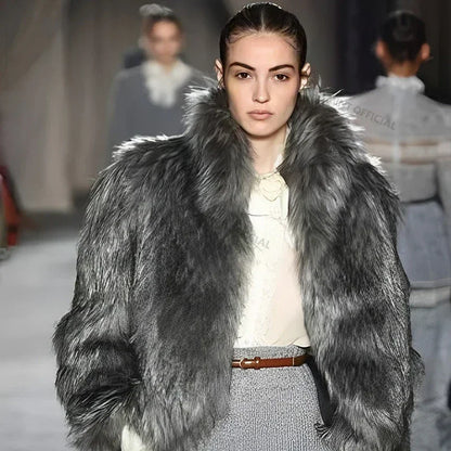 Luxury Brand Runway Fluffy Faux Fur Coat Women Luxurious Fox Fur Stand Collar Short Jacket  Winter Streetwear Overcoat