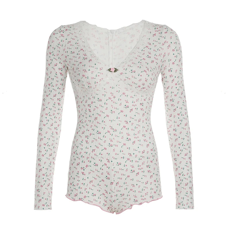 Sweet Fairy Gentle Women Playsuit Floral Print Lace Trim V-Neck Long Sleeve Korean Style Trendy Rompers Cute