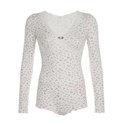 Sweet Fairy Gentle Women Playsuit Floral Print Lace Trim V-Neck Long Sleeve Korean Style Trendy Rompers Cute
