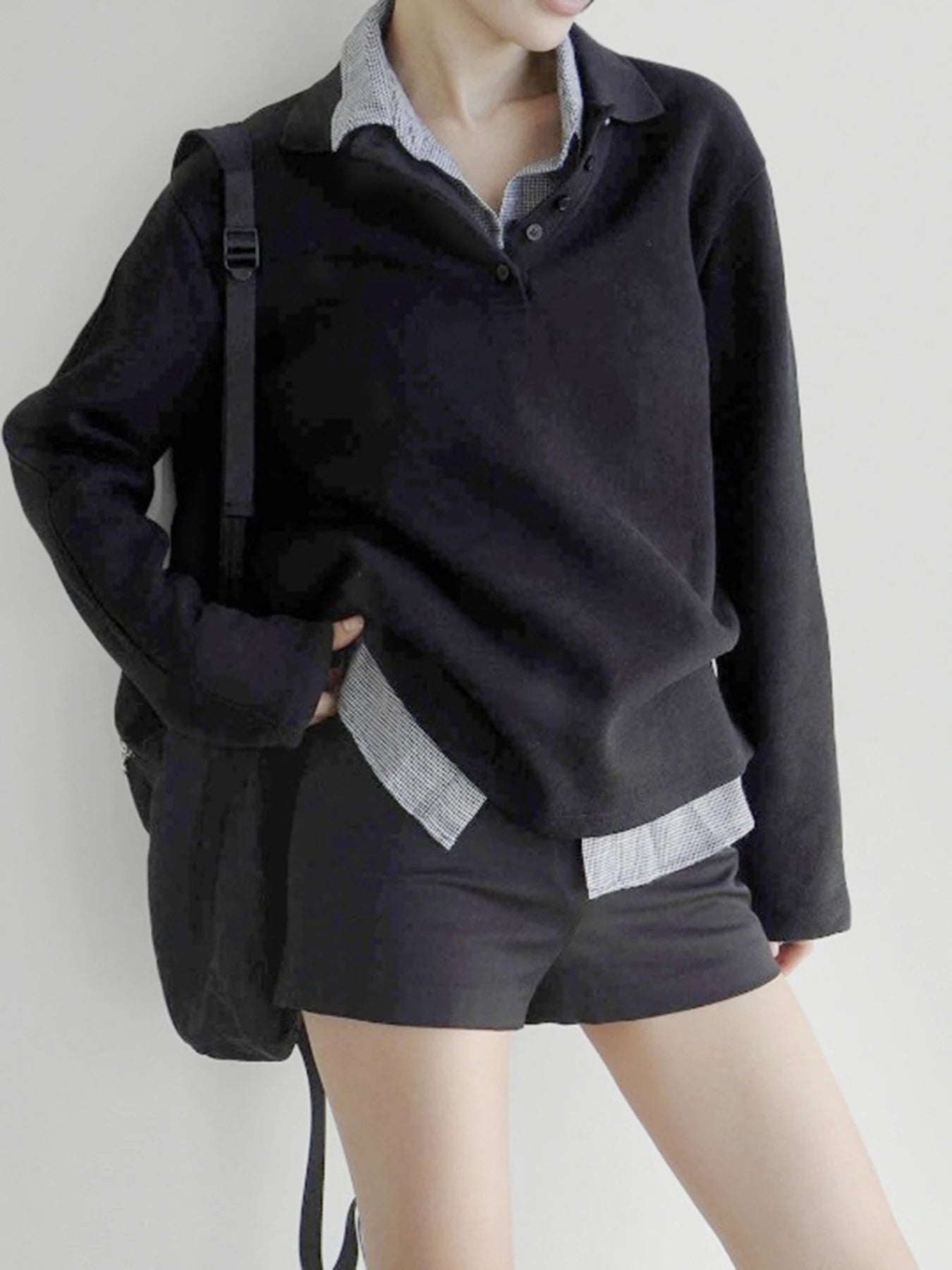 Patchwork Plaid Lapel Collar Fake Two Piece Sweats Preppy Style Simple Fashion s Trendy Pullovers Basic