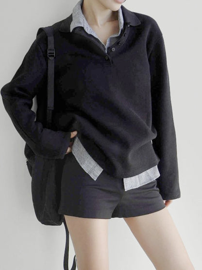 Patchwork Plaid Lapel Collar Fake Two Piece Sweats Preppy Style Simple Fashion s Trendy Pullovers Basic