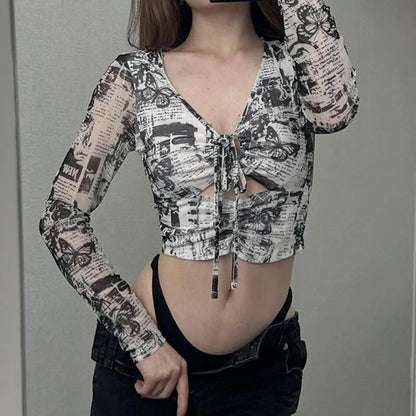 Grunge Mesh Butterfly Print Crop Top Fashion See Through Long Sleeve Hollow Out T-shirt Stylish Y2K Street Outfits