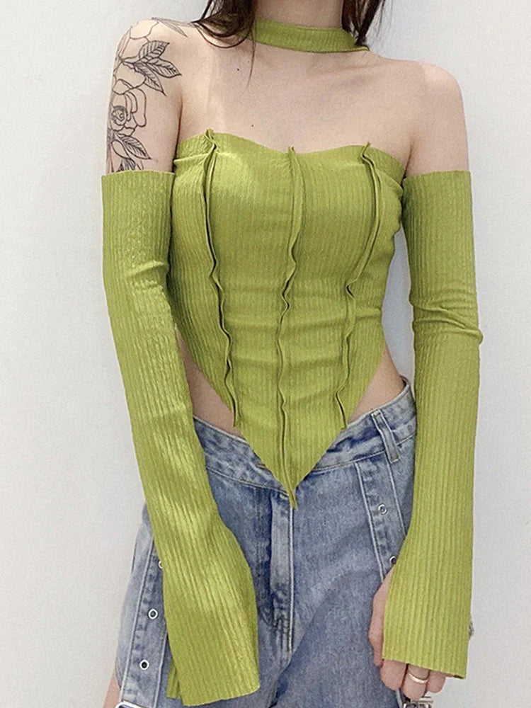Y2K Top Long Sleeve T-Shirts 2 Piece Tops Halter Tanks Backless Crop Top Off Shoulder Tees Christmas Clothes