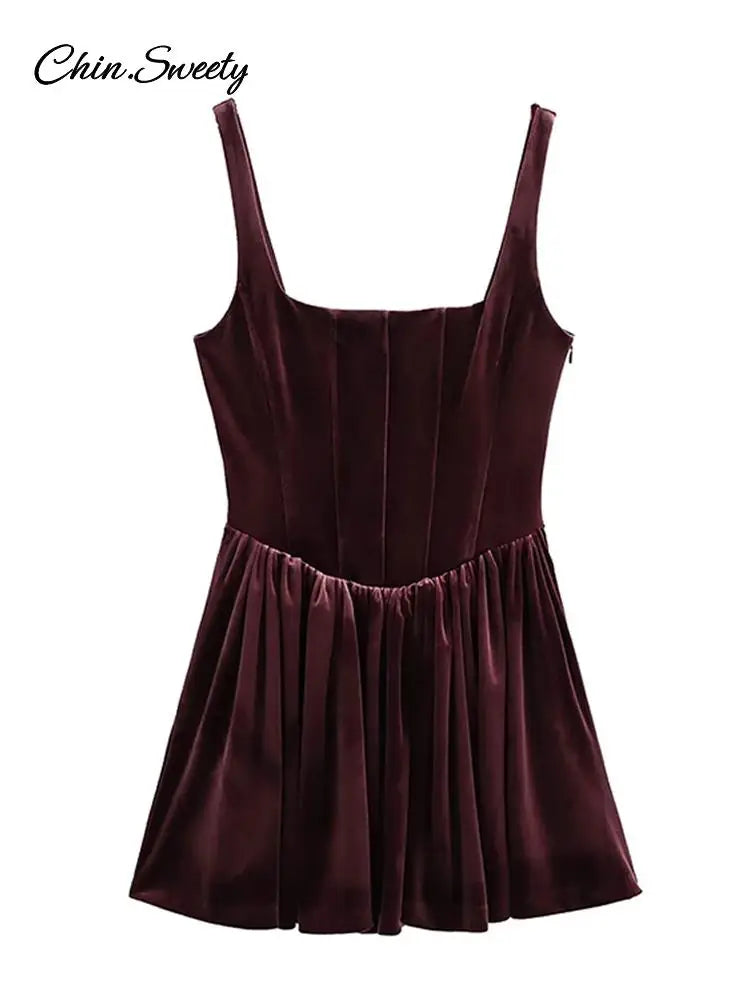 Fashion Velvet Sling Mini Dress Women Square Collar Sleeveless Backless A-line Zipper Party Dresses  Elegant Lady Vestidos