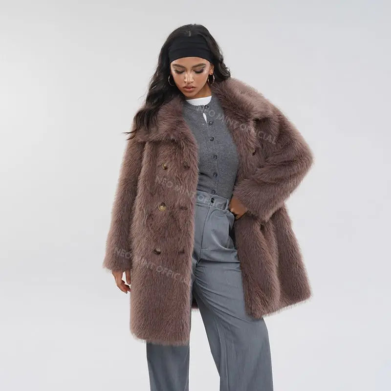 Luxury Brand Belted Long Fluffy Faux Fur Coat Women  Winter Thicken Warm Lapel Fox Fur Collar Furry Jacket Overcoat