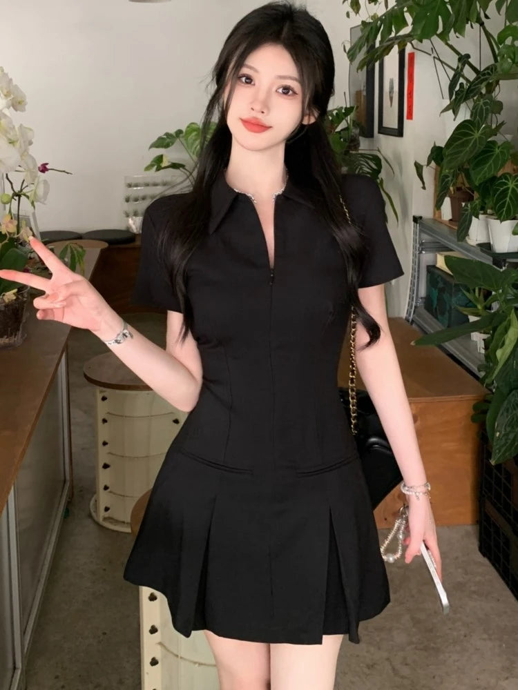 Summer New Casual Slim Solid Dresses for Women Sporty Turn-down Collor A-line Korean Chic Streetwear Simple Vestidos Mujer