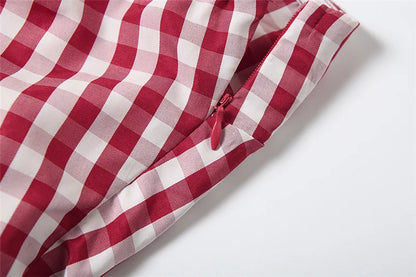 Spring Summer Plaid Tops for Women Streetwear Strapless Off Shoulder Backless Ruched Red T-shirt Girls Sleeveless Tees Top
