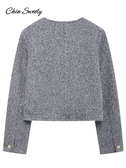 Elegant Woolen Blends Coat For Women O-neck Metal Button Gray Long Sleeve Pockets Jackets  Autumn Lady High Street Outwear