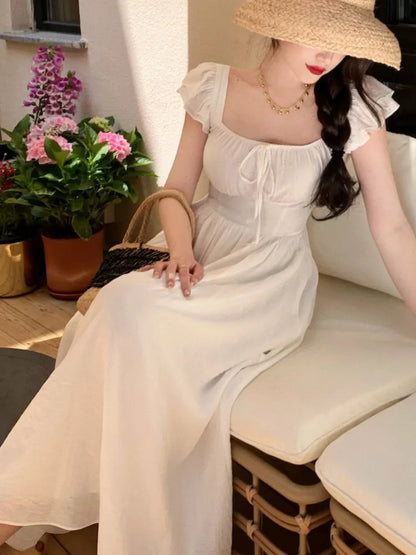 Elegant Vintage Midi Dresses for Women Summer New Square Collar High Waist Princess Party Dress Casual A-line Vestido Mujer
