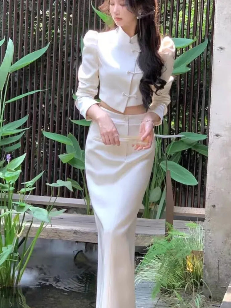 Autumn New Chinese Style Satin 2-Piece Set Vintage Short Blazer High Waist Hip-Wrapped Pencil Skirt Suit Women Luxury Clothing