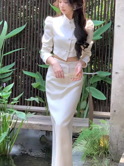 Autumn New Chinese Style Satin 2-Piece Set Vintage Short Blazer High Waist Hip-Wrapped Pencil Skirt Suit Women Luxury Clothing