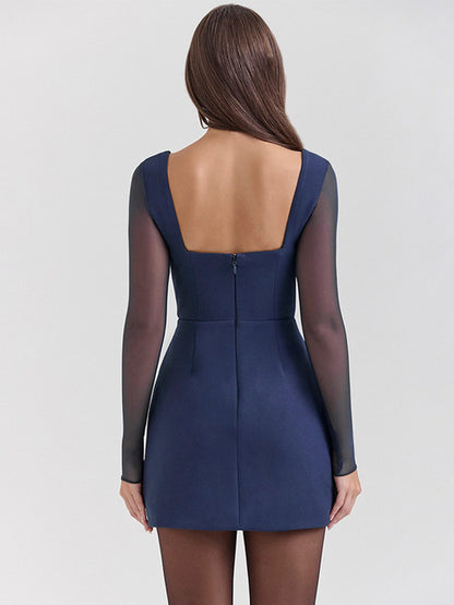 Elegant Long Sleeve Mesh Patchwork Zipper Tight Dress Women Sexy Deep V-Back Short Skirt Party Club Evening Dress 2025