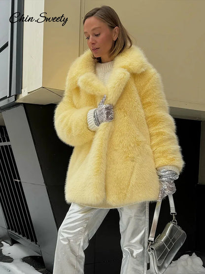 Fashion Faux Fur Jacket Coat Women Warm Fluffy Loose Long Sleeve Lapel Female Overcoat  Winter Yellow Lady Street Outwear