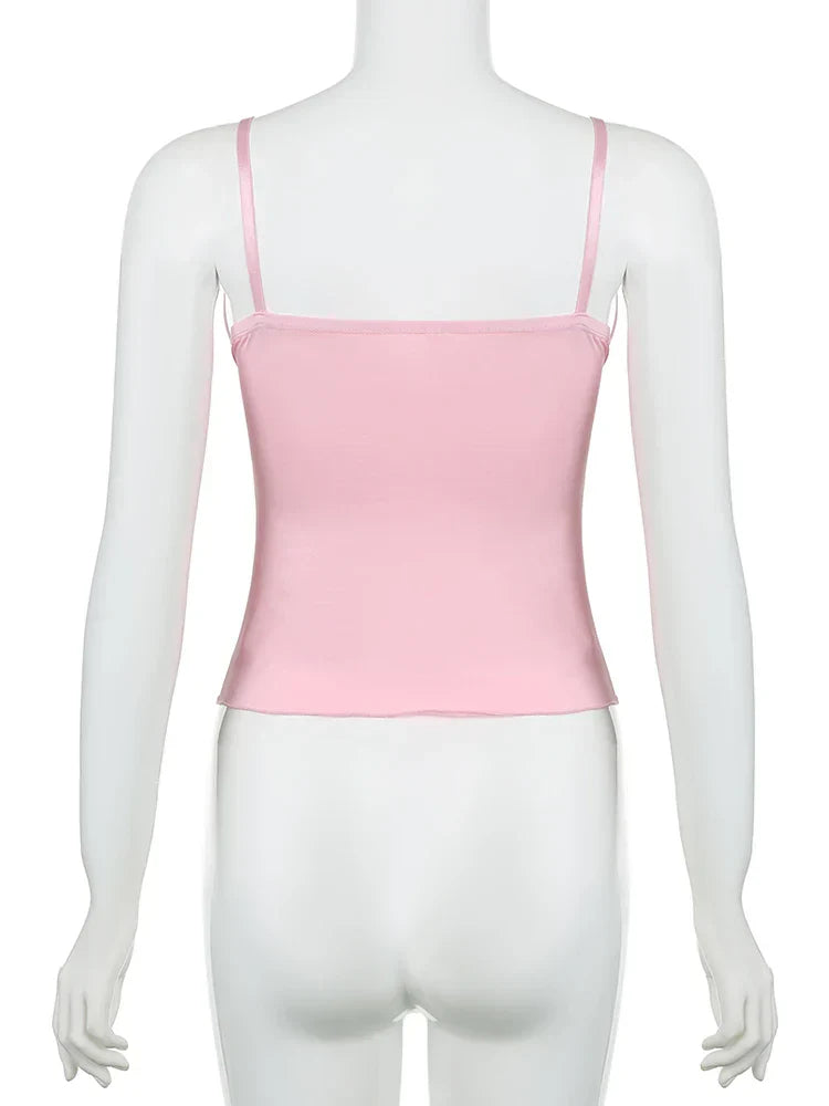 Voguable Kawaii Lace Bow Patchwork Camis Coquette Aesthetic V Neck Corset Tops Y2K Streetwear FeAesthetic Clothes