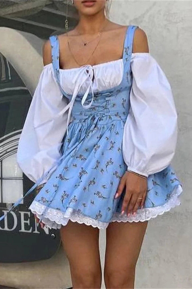 Lace Patchwork Square Collar Mini Dress