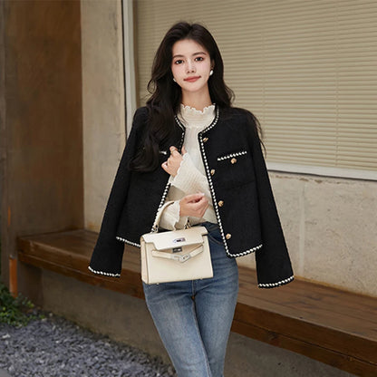 Vintage Cropped Tweed Jacket Women Black Quilted Coat Elegant Blazer Winter Ladies Single Breasted Thicken Outerwear Tops